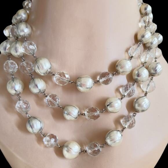 Vintage 1950s 3-Strand Baroque Glass Pearl & Crystal Choker Necklace Rousselet - Picture 1 of 16